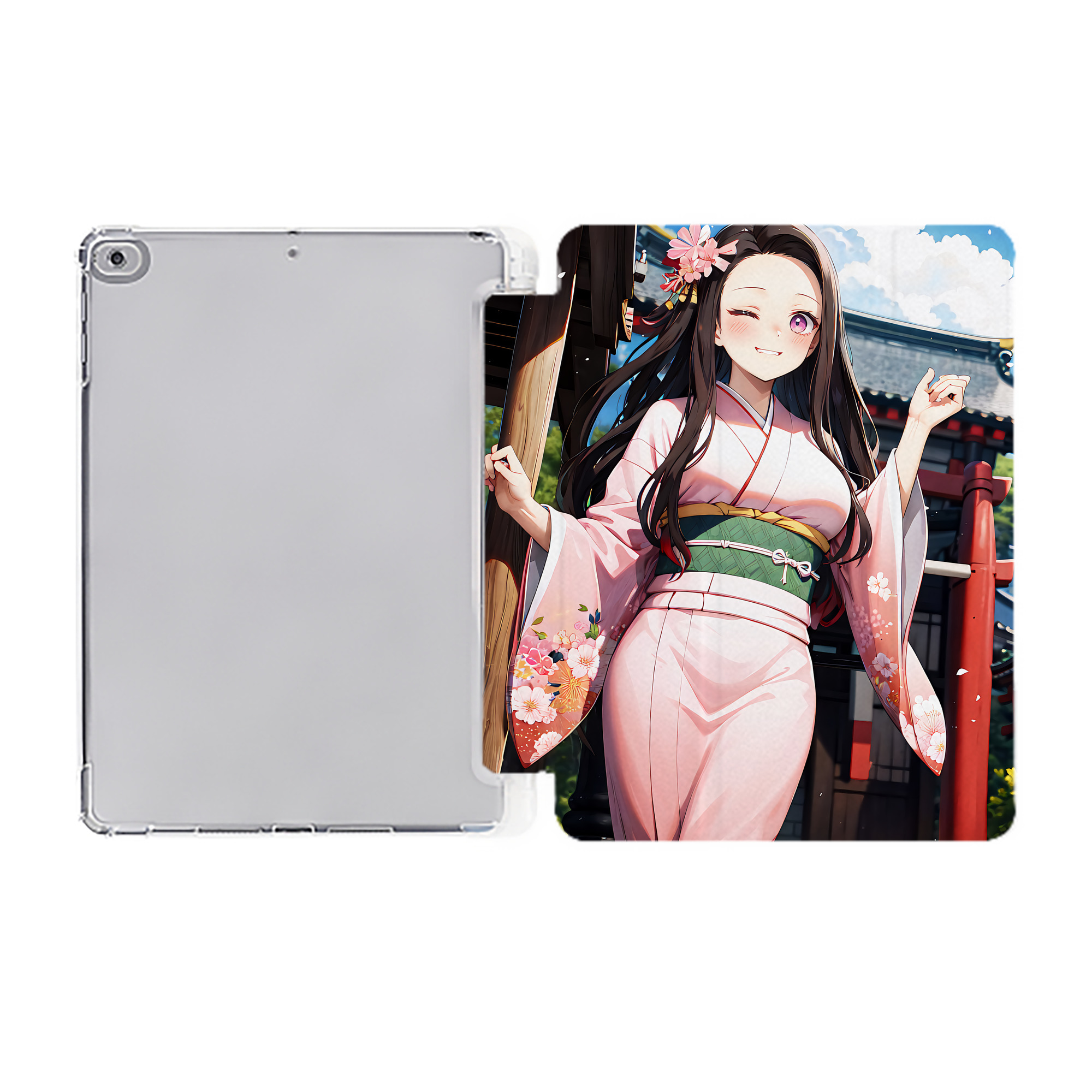 （画像用） 鬼滅の刃（きめつのやいば）竈門 禰󠄀豆子／かまど ねずこ Kamado Nezuko IPad ケース ペン収納付き 三つ折りスタンド PUレザー×シリコン 対応機種9.5/10.5/10.9インチ